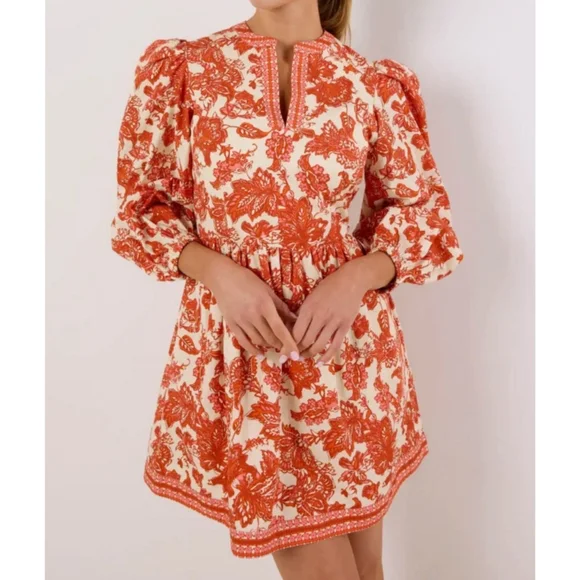 Avara Malanie Orange Allover Floral Print Cotton Puff Sleeve Fall Dress - Picture 2 of 9